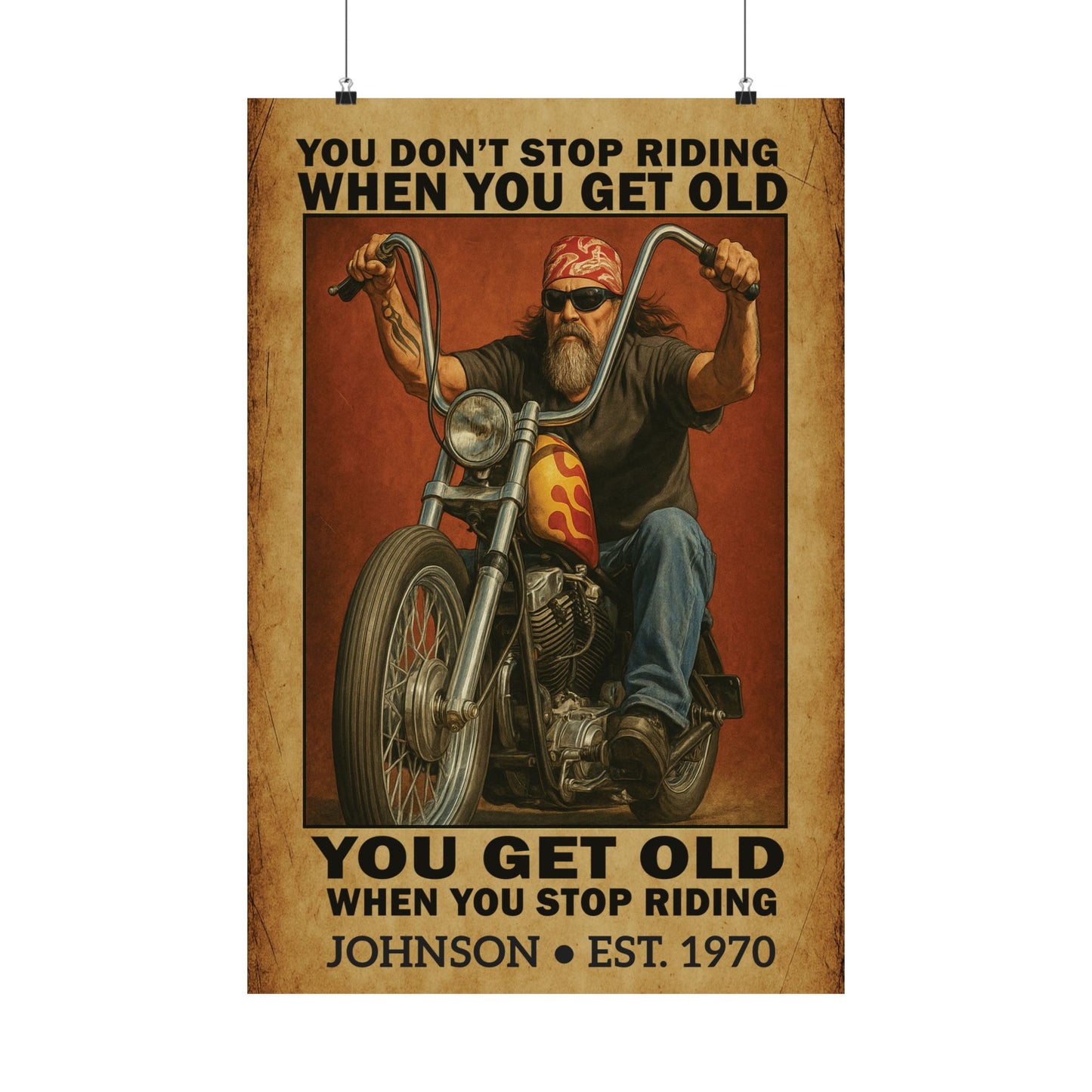 Custom Vintage Biker Poster – "You Don’t Stop Riding" – Personalized Wall Art
