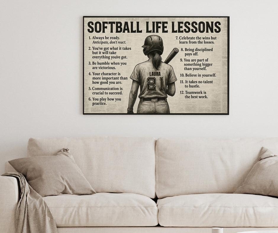 Personalized “Softball Life Lessons” Premium Canvas Wall Art
