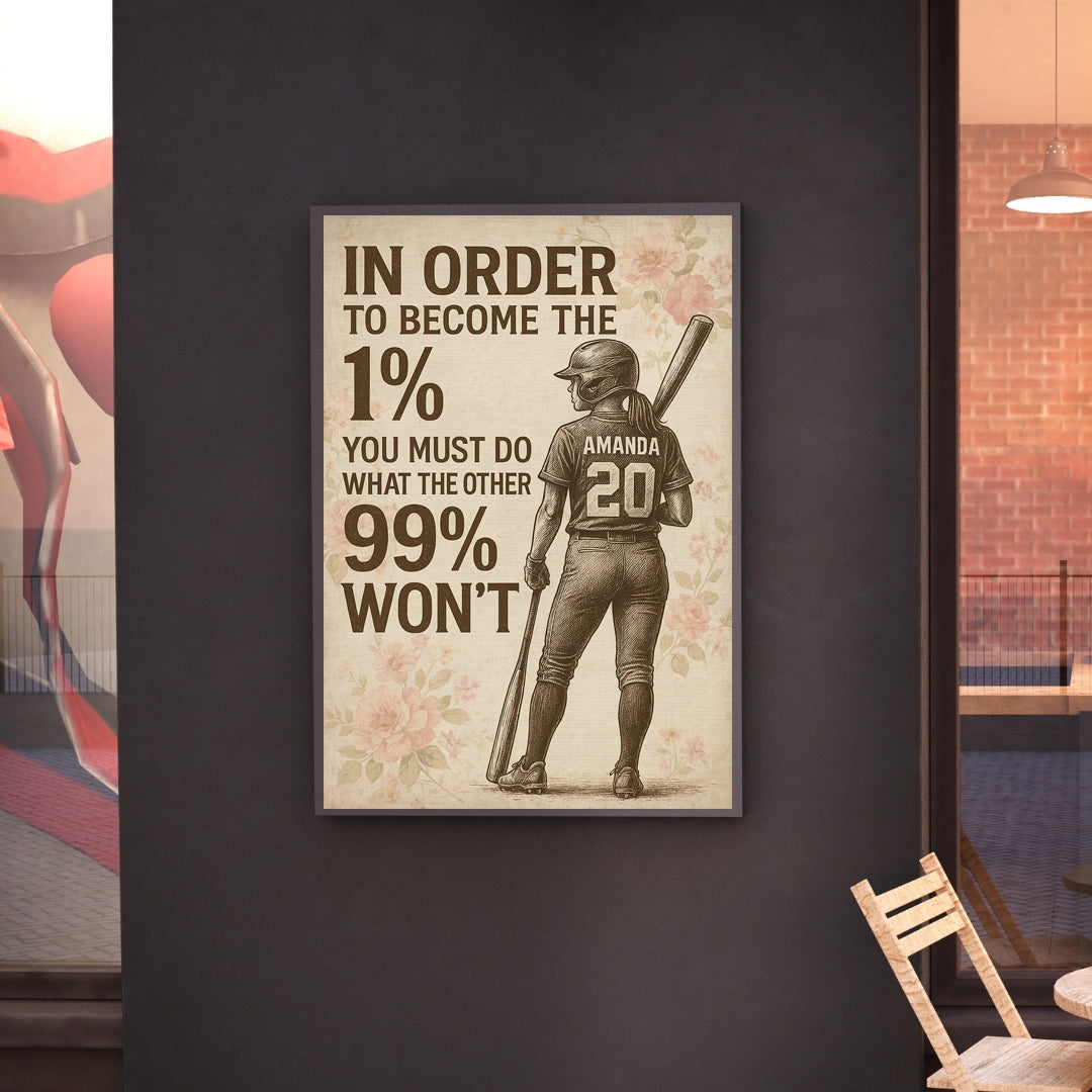 Personalized Softball Girl Canvas – “Become the 1%” Wall Art