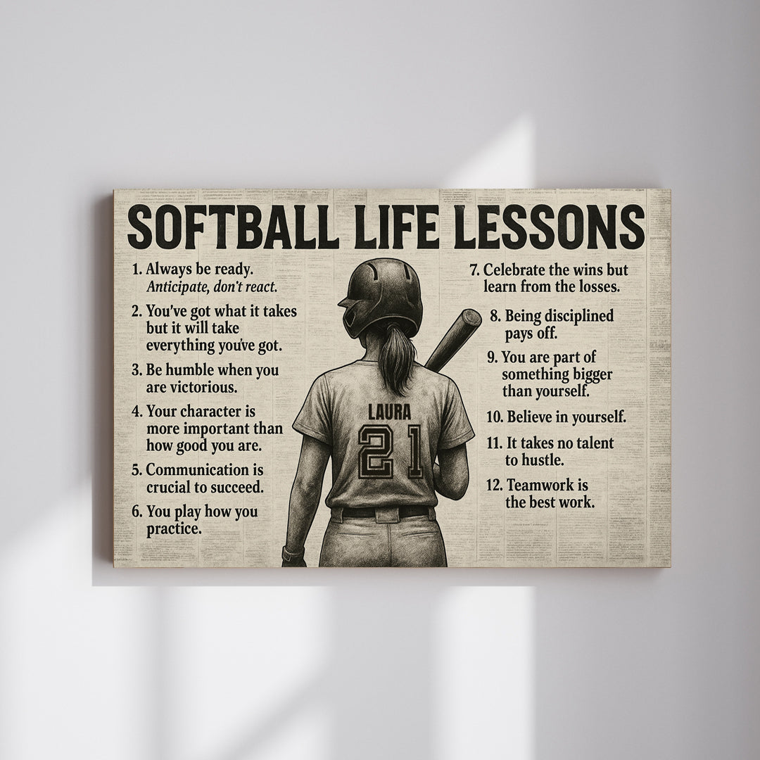 Personalized “Softball Life Lessons” Premium Canvas Wall Art