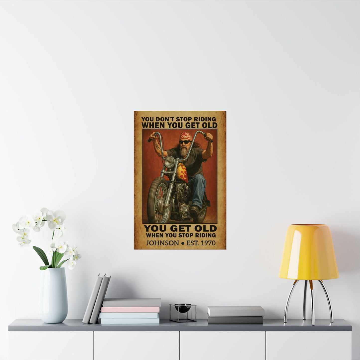 Custom Vintage Biker Poster – "You Don’t Stop Riding" – Personalized Wall Art