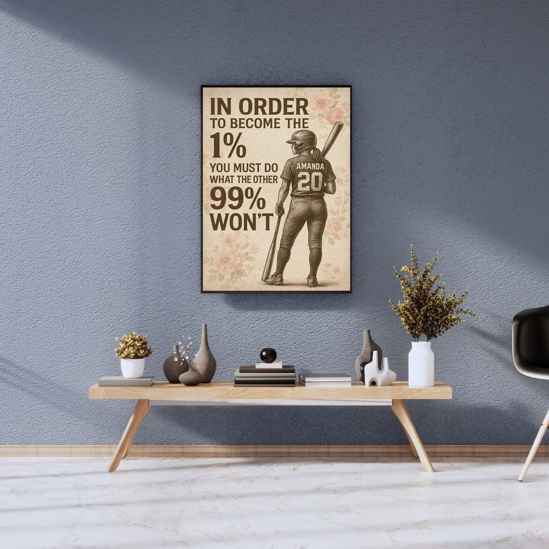 Personalized Softball Girl Canvas – “Become the 1%” Wall Art