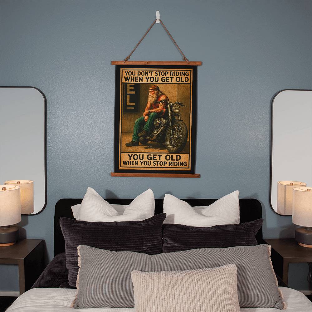 Large 36"x26" – 'You Don’t Stop Riding' – Wood-Framed Tapestry – Biker Decor