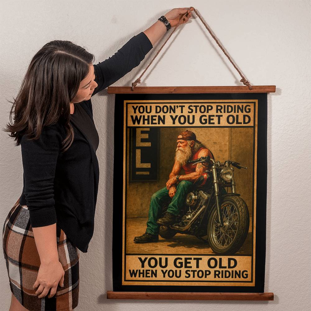 Large 36"x26" – 'You Don’t Stop Riding' – Wood-Framed Tapestry – Biker Decor