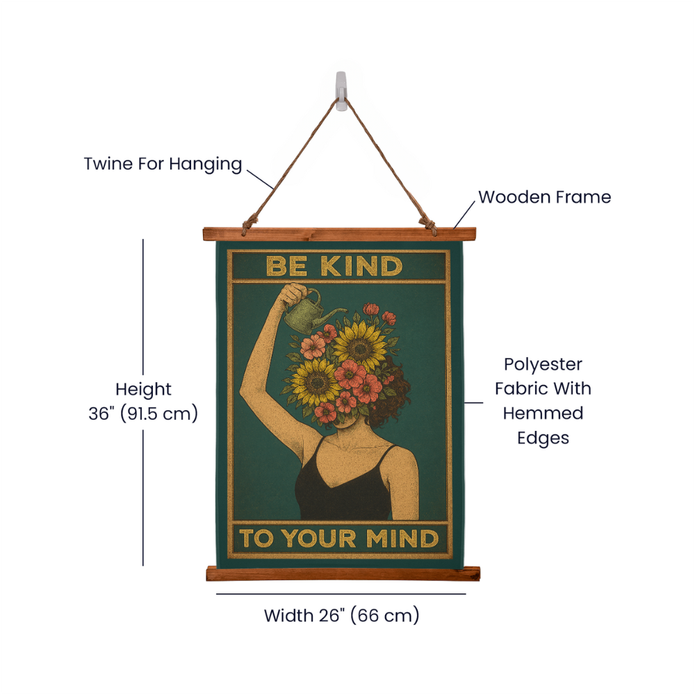 Large 36”x26” – “Be Kind to Your Mind” Boho Wall Tapestry with Vintage Wood Frame