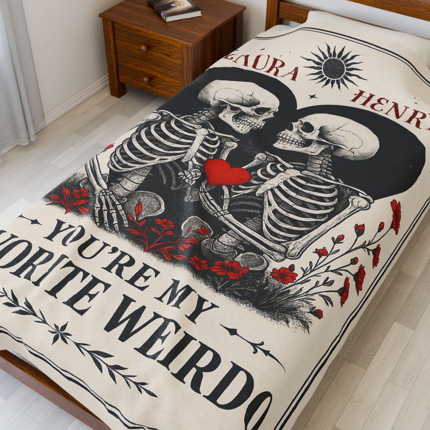 You’re My Favorite Weirdo” – Personalized Gothic Skeleton Couple Blanket