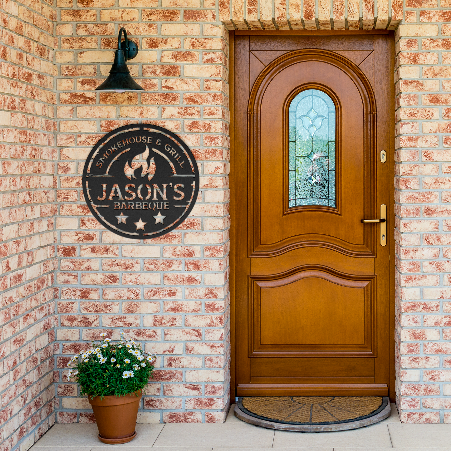Custom_Name_BBQ_Metal_Sign__Your_Name_Black_Brick_Entrance_Mockup.png