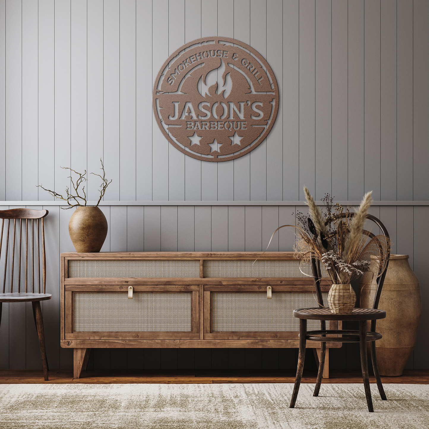 Custom_Name_BBQ_Metal_Sign__Your_Name_Copper_Rustic_Hallway_Mockup.png