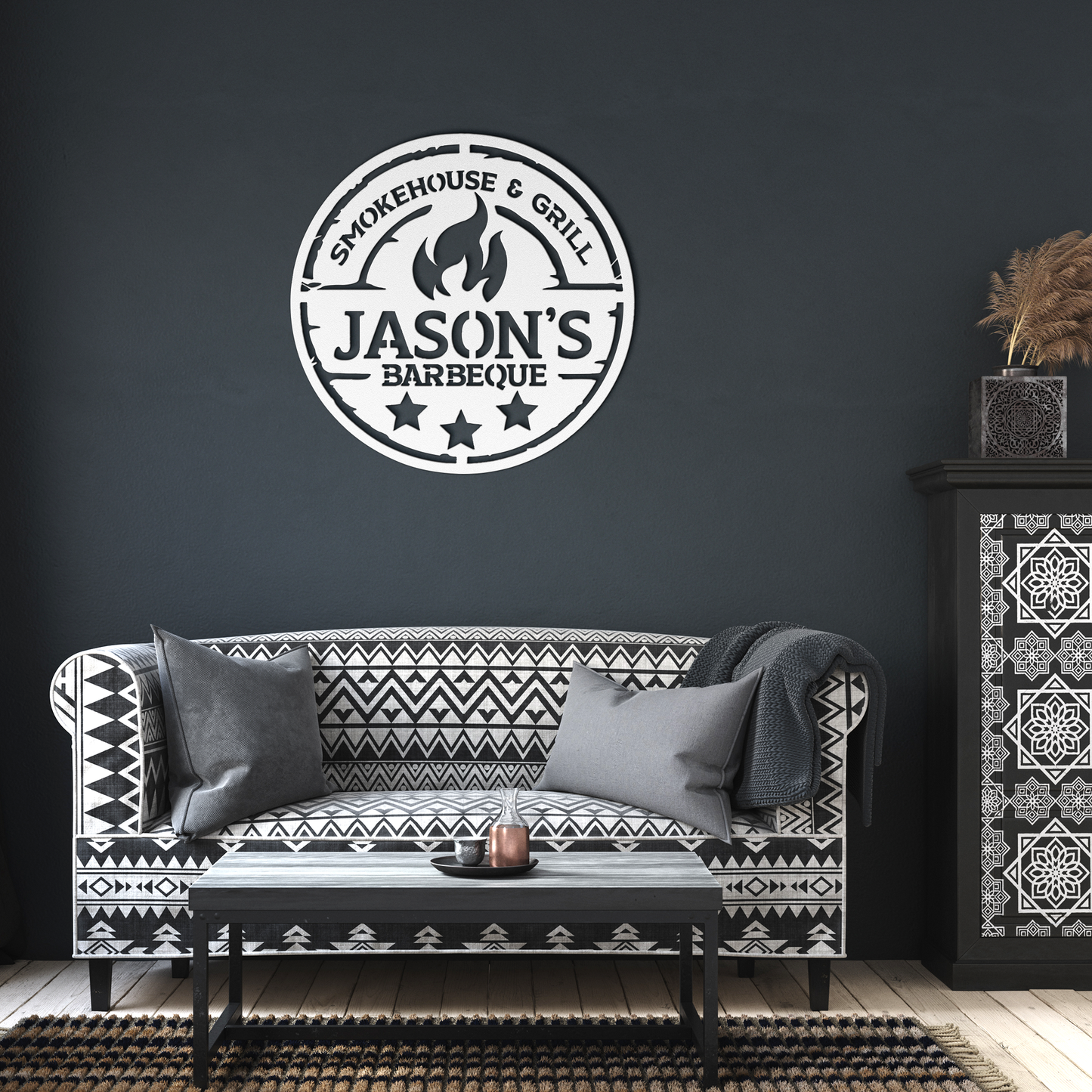 Custom_Name_BBQ_Metal_Sign__Your_Name_White_Dark_Living_Room_Mockup.png