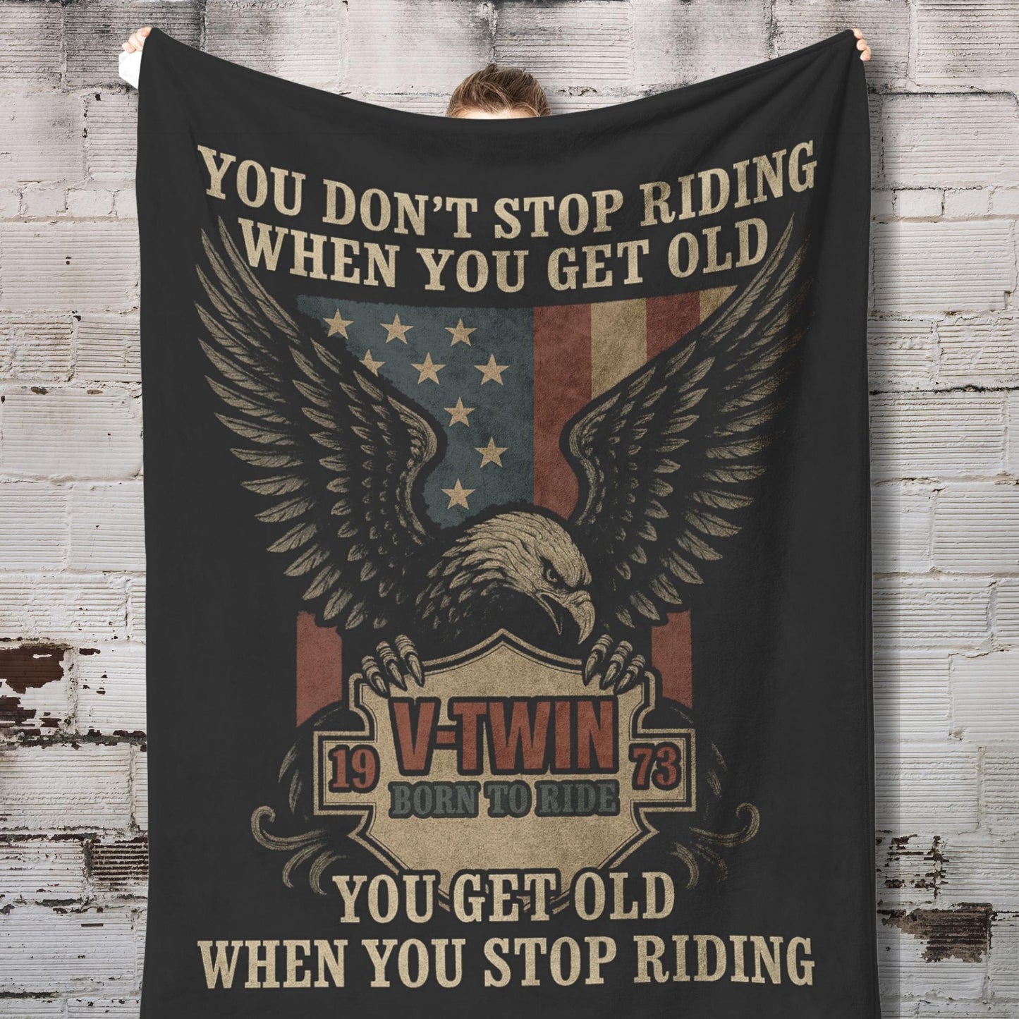 Biker Fleece Blanket – ‘You Don’t Stop Riding’ – Eagle & V-Twin Design