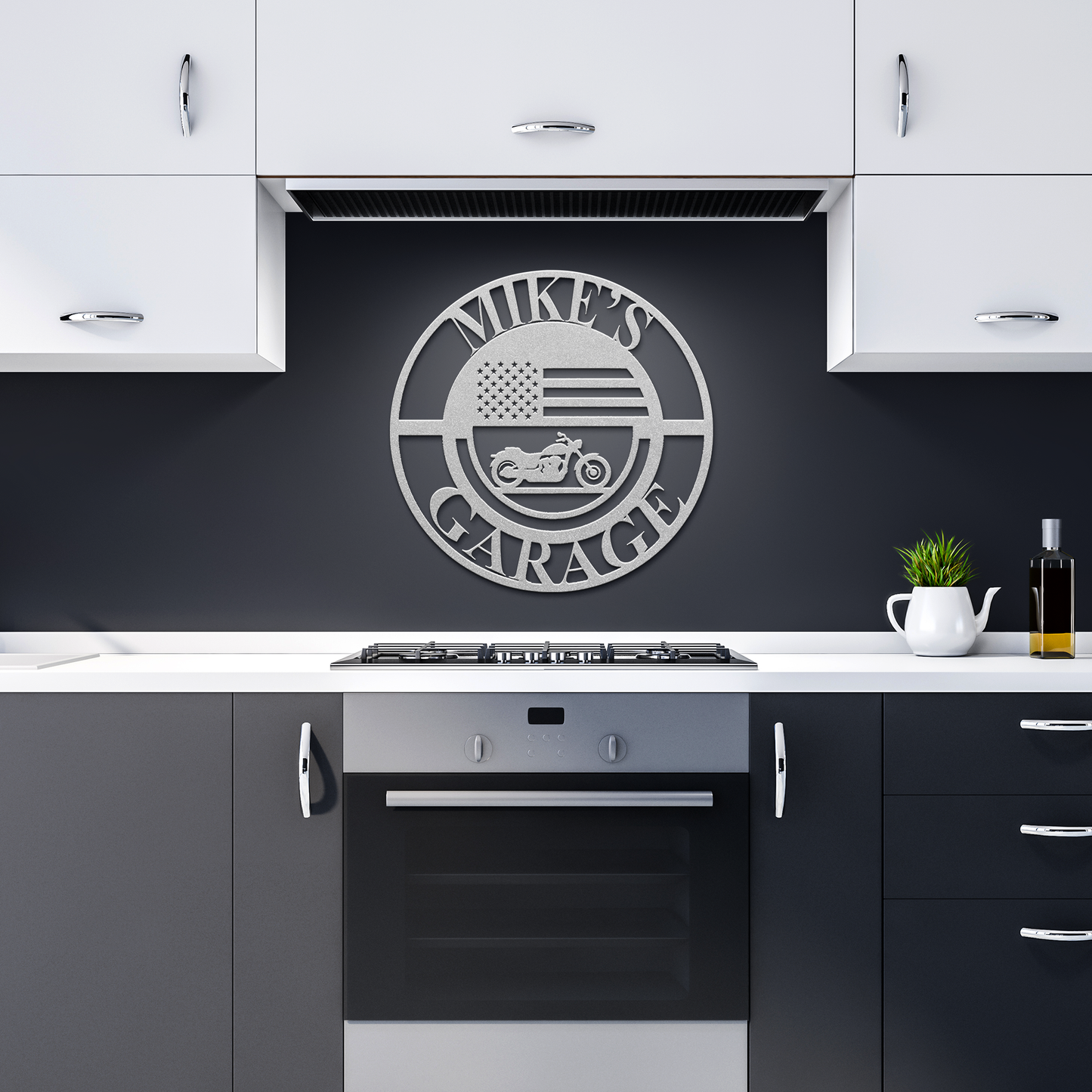 Personalized_Biker_Garage_Metal_Sign__Silver_Dark_Kitchen_Mockup.png