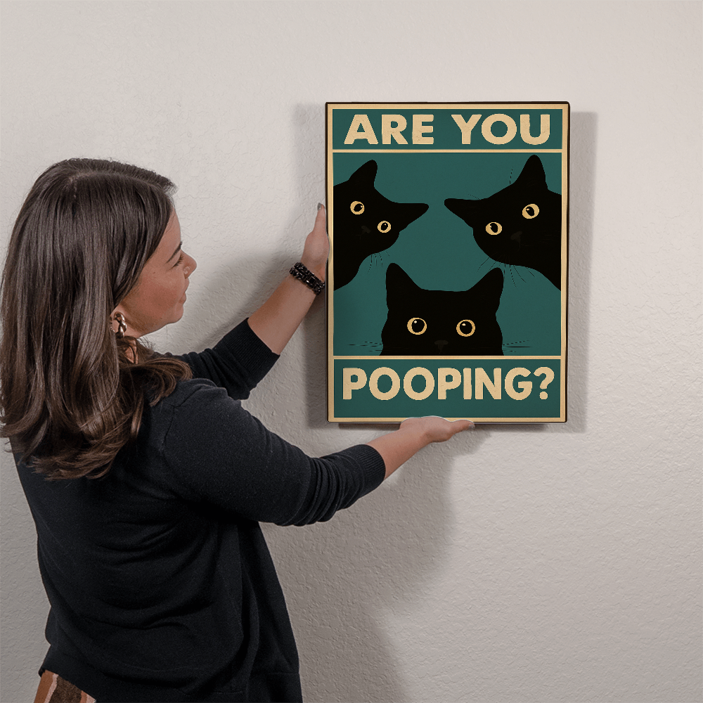 Funny Black Cat Wall Art – "Are You Pooping?" Vintage Bathroom Decor Poster