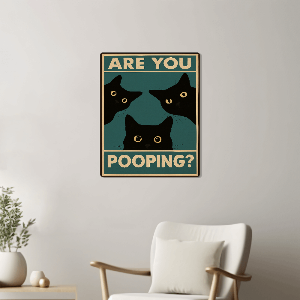 Funny Black Cat Wall Art – "Are You Pooping?" Vintage Bathroom Decor Poster