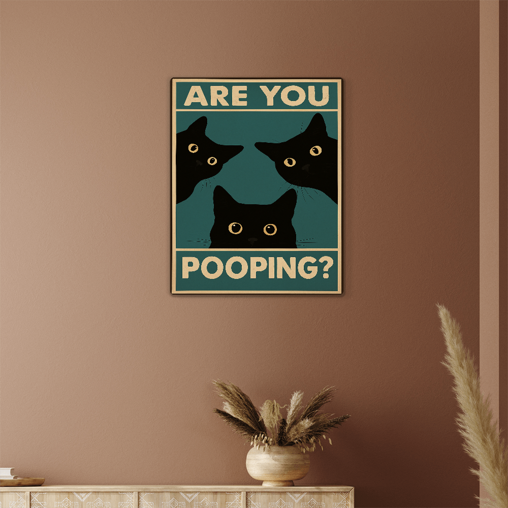 Funny Black Cat Wall Art – "Are You Pooping?" Vintage Bathroom Decor Poster