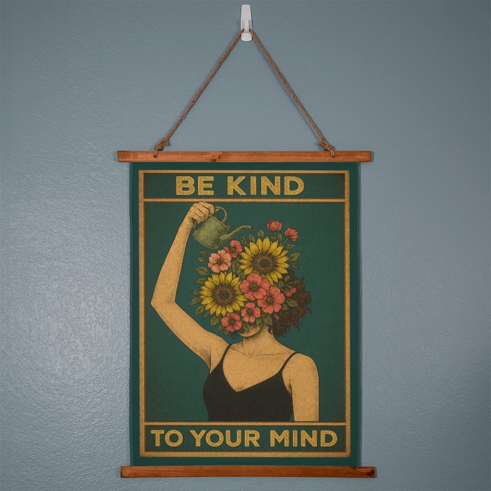 Large 36”x26” – “Be Kind to Your Mind” Boho Wall Tapestry with Vintage Wood Frame