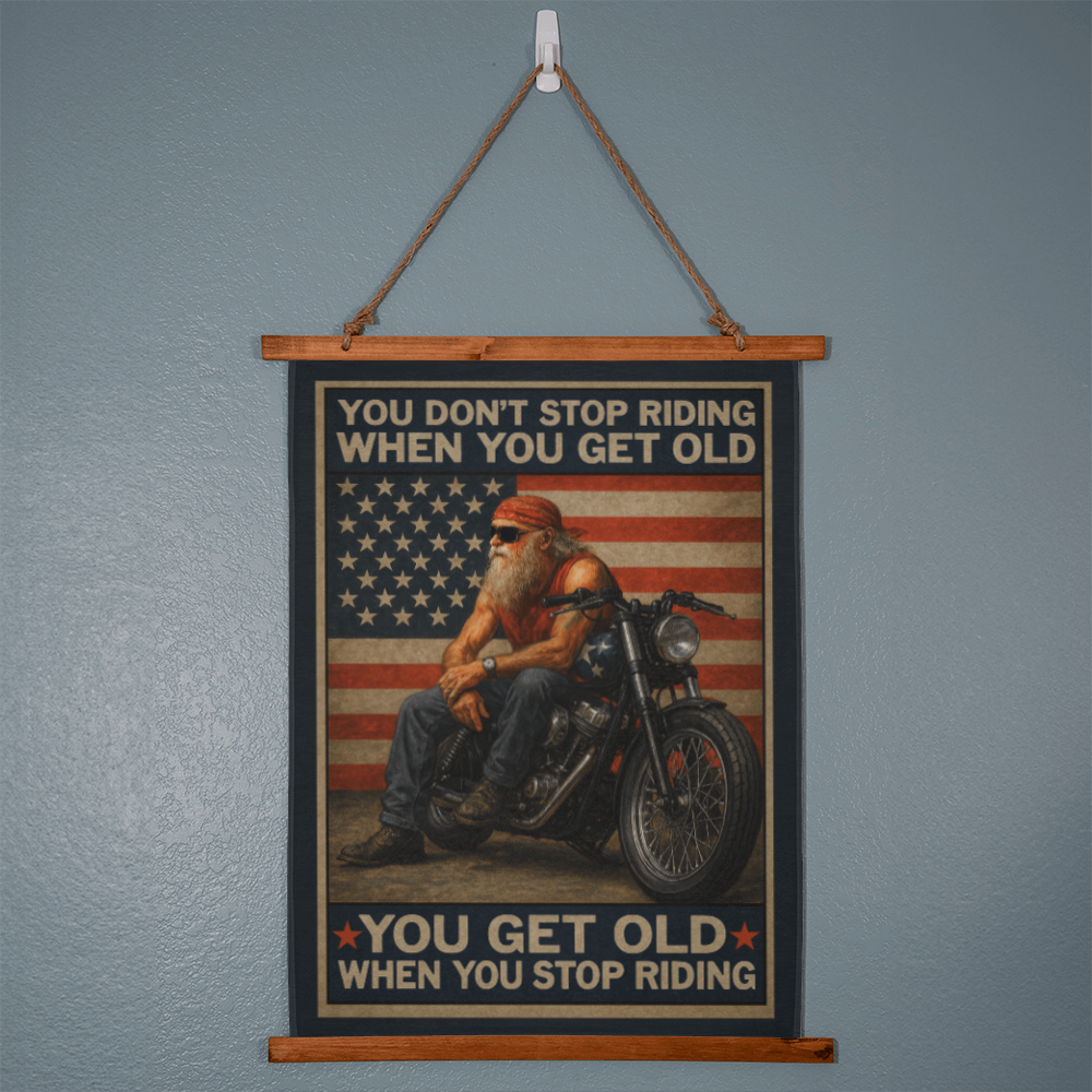 Large 36"x26" – 'You Don’t Stop Riding' – Patriotic Biker Tapestry – USA Flag Wall Decor