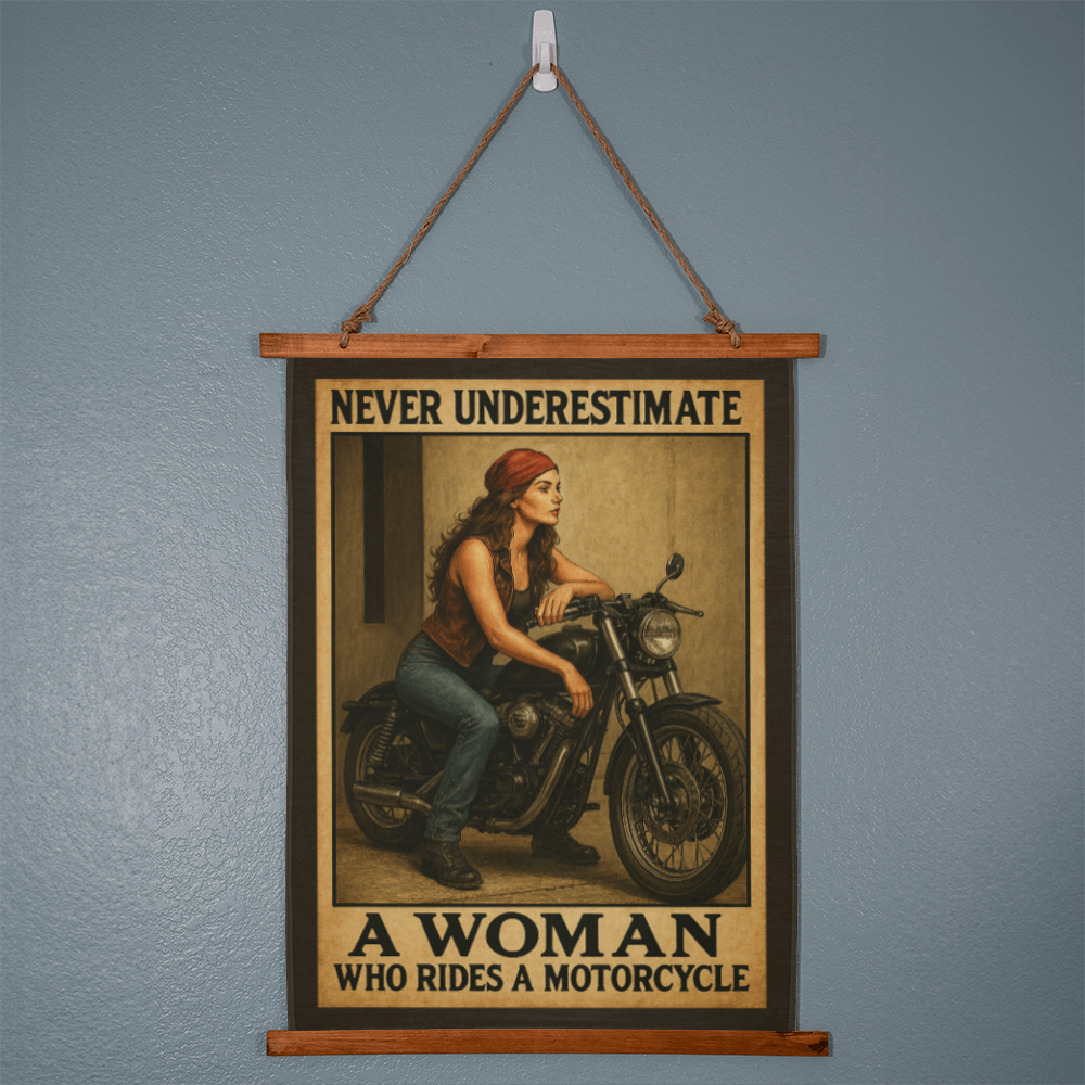 36"x26" – 'Woman Rider, No Limits' – Wood-Framed Tapestry – Biker Decor