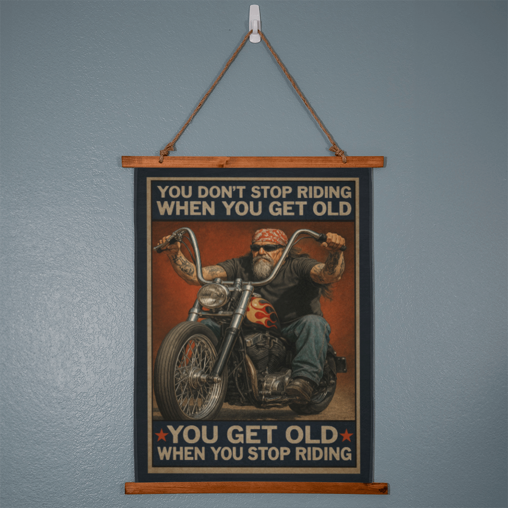 36"x26" – 'You Don’t Stop Riding' – Wood-Framed Tapestry – Biker Decor