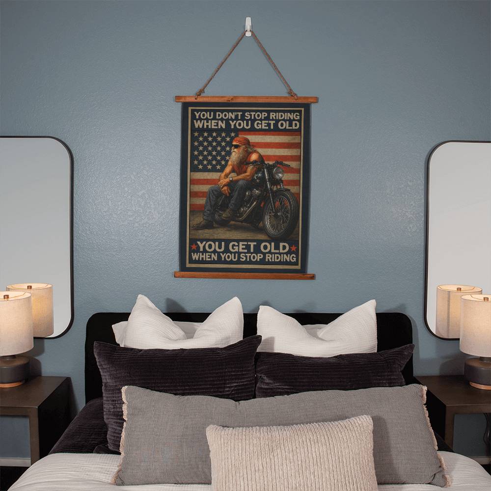 Large 36"x26" – 'You Don’t Stop Riding' – Patriotic Biker Tapestry – USA Flag Wall Decor
