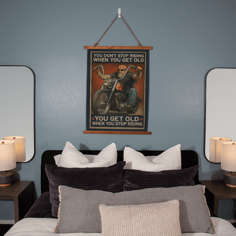 36"x26" – 'You Don’t Stop Riding' – Wood-Framed Tapestry – Biker Decor