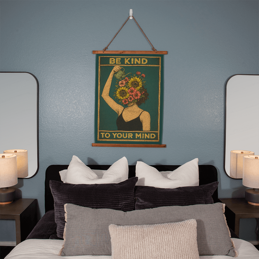 Large 36”x26” – “Be Kind to Your Mind” Boho Wall Tapestry with Vintage Wood Frame