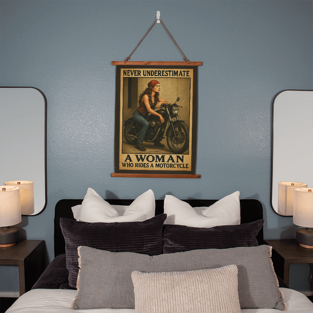 36"x26" – 'Woman Rider, No Limits' – Wood-Framed Tapestry – Biker Decor