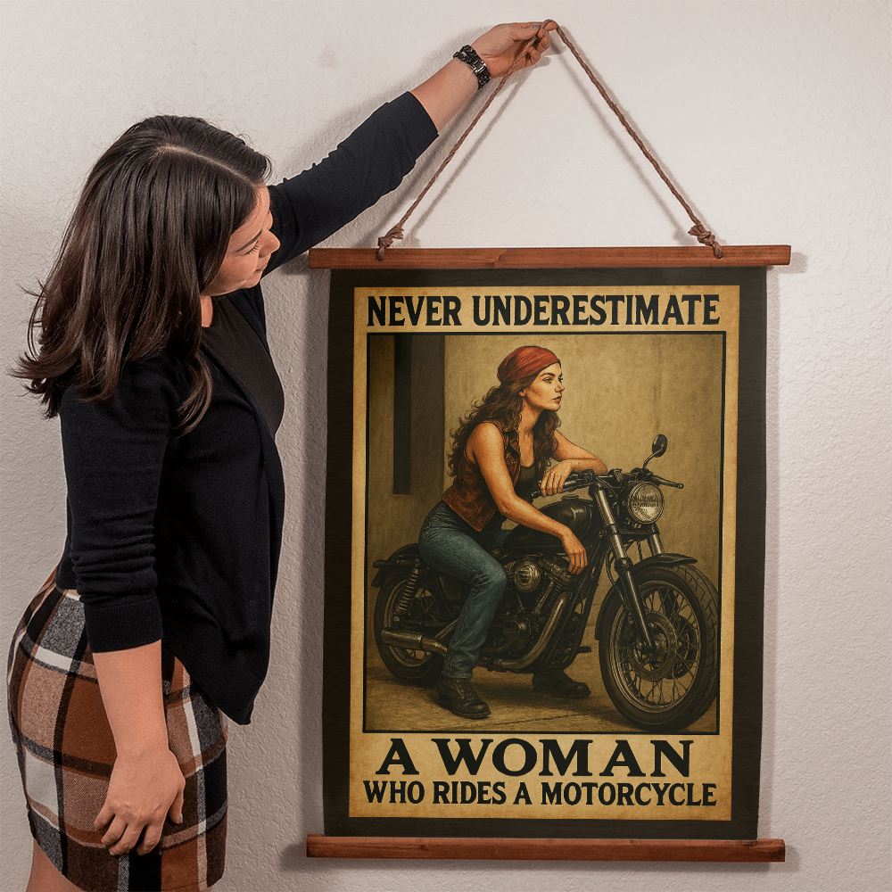 36"x26" – 'Woman Rider, No Limits' – Wood-Framed Tapestry – Biker Decor