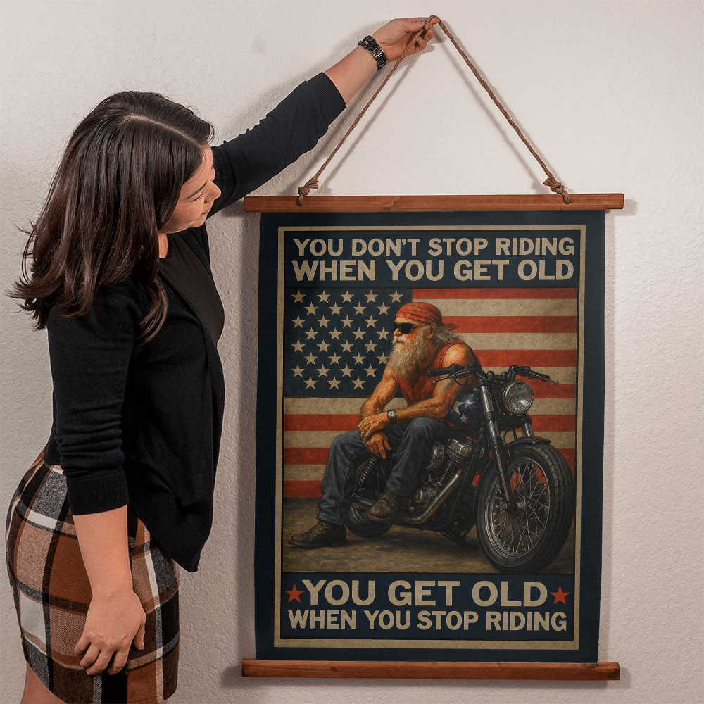 Large 36"x26" – 'You Don’t Stop Riding' – Patriotic Biker Tapestry – USA Flag Wall Decor