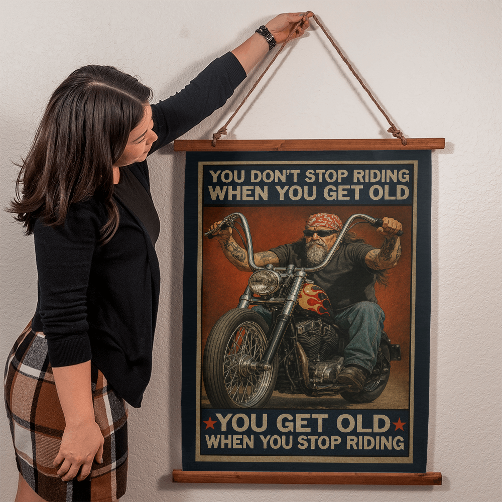36"x26" – 'You Don’t Stop Riding' – Wood-Framed Tapestry – Biker Decor