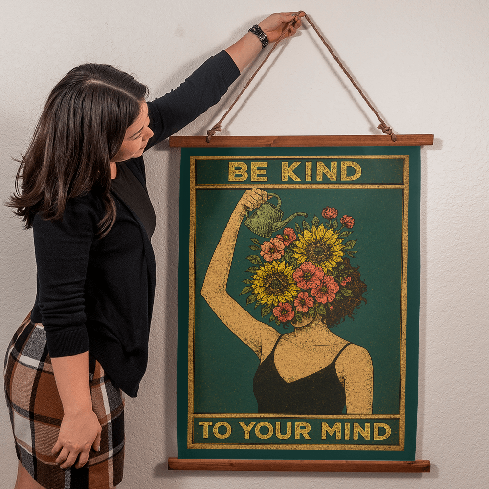 Large 36”x26” – “Be Kind to Your Mind” Boho Wall Tapestry with Vintage Wood Frame