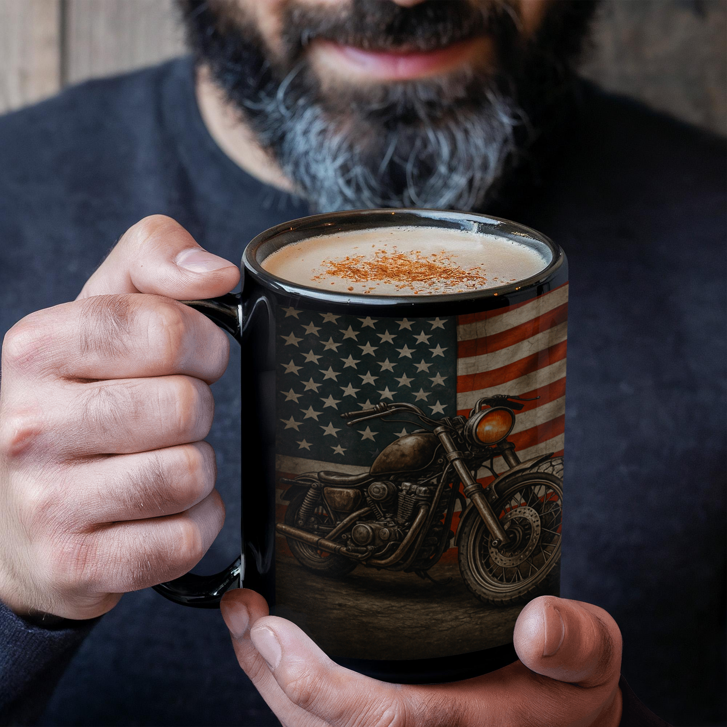 USA Flag Retro Biker" – Premium 15oz Black Ceramic Mug