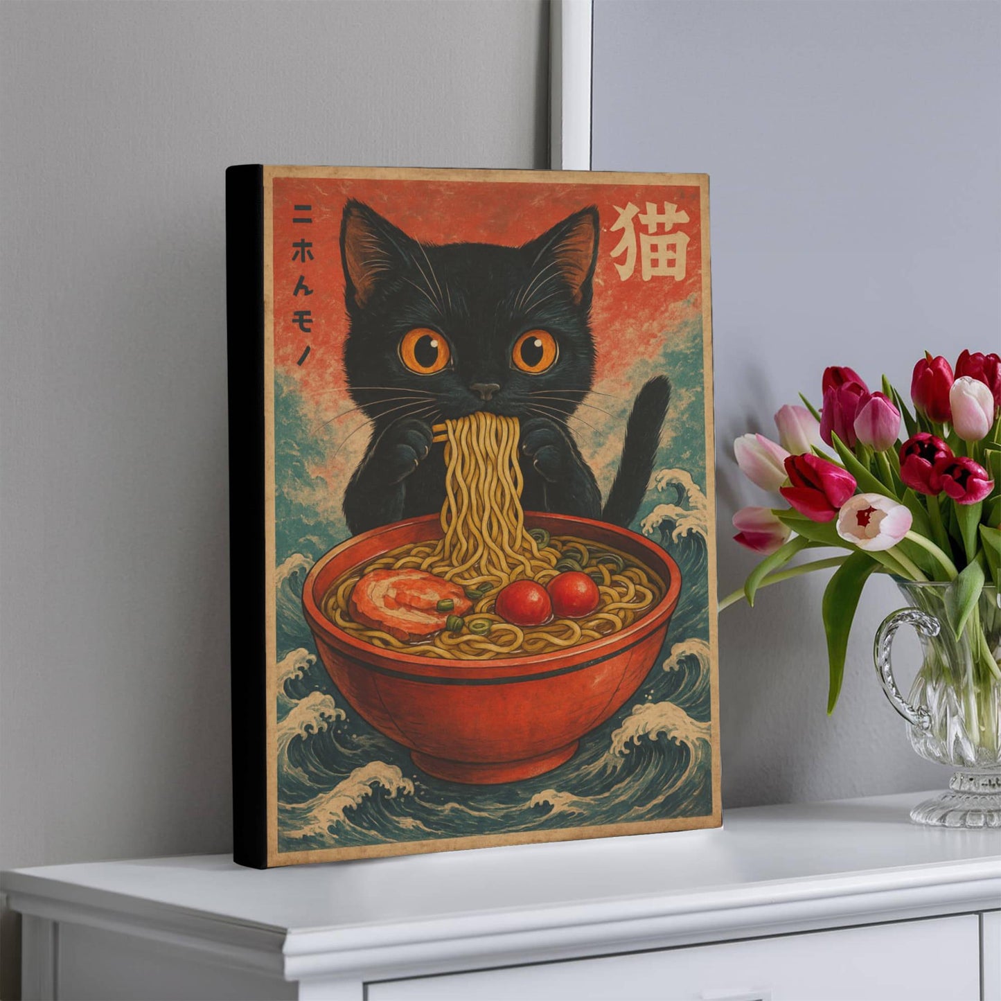 16" x 20" – Anime Cat Ramen – Japanese Wall Art Canvas ( Ready to hang)