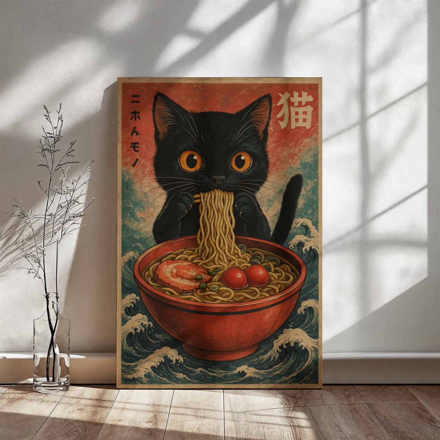 16" x 20" – Anime Cat Ramen – Japanese Wall Art Canvas ( Ready to hang)
