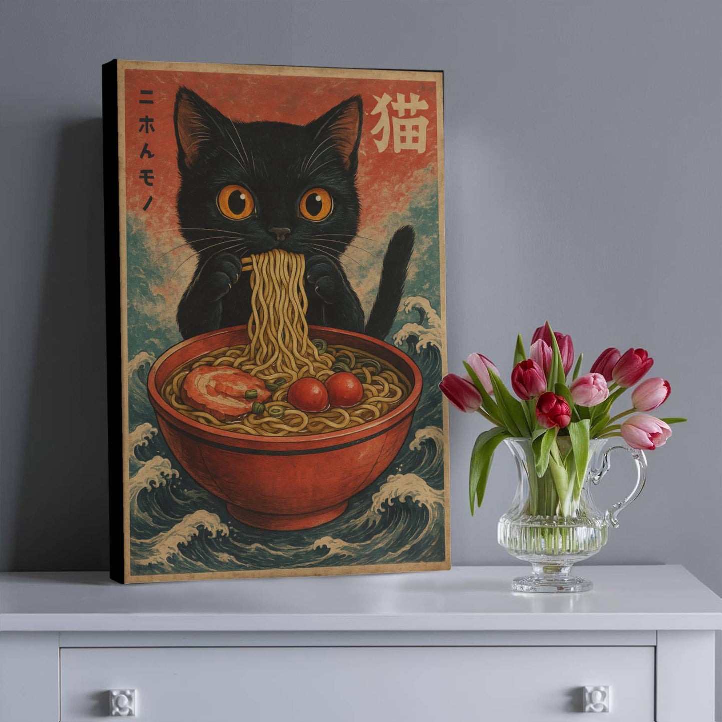 16" x 20" – Anime Cat Ramen – Japanese Wall Art Canvas ( Ready to hang)