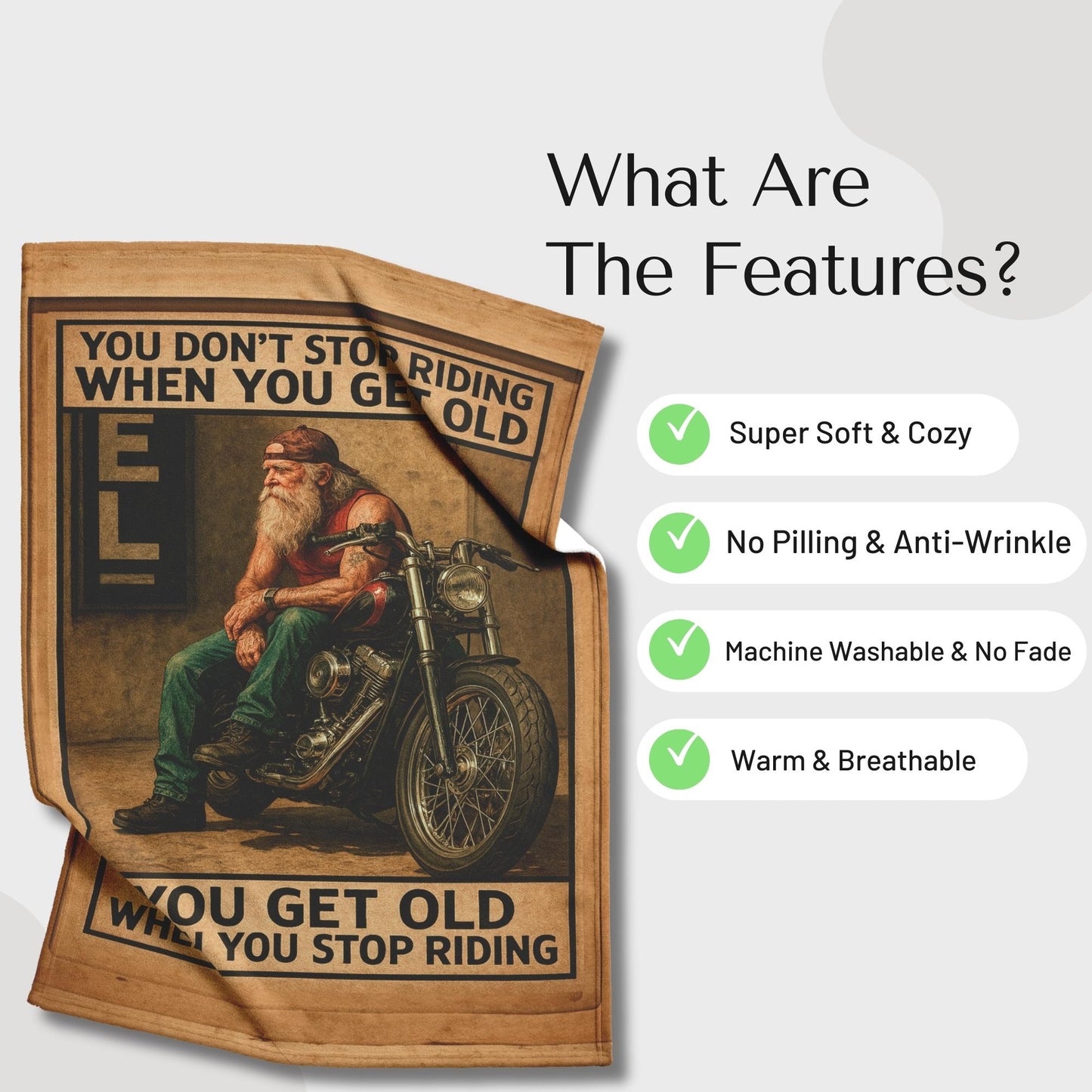 Biker Fleece Blanket – “You Don’t Stop Riding When You Get Old”