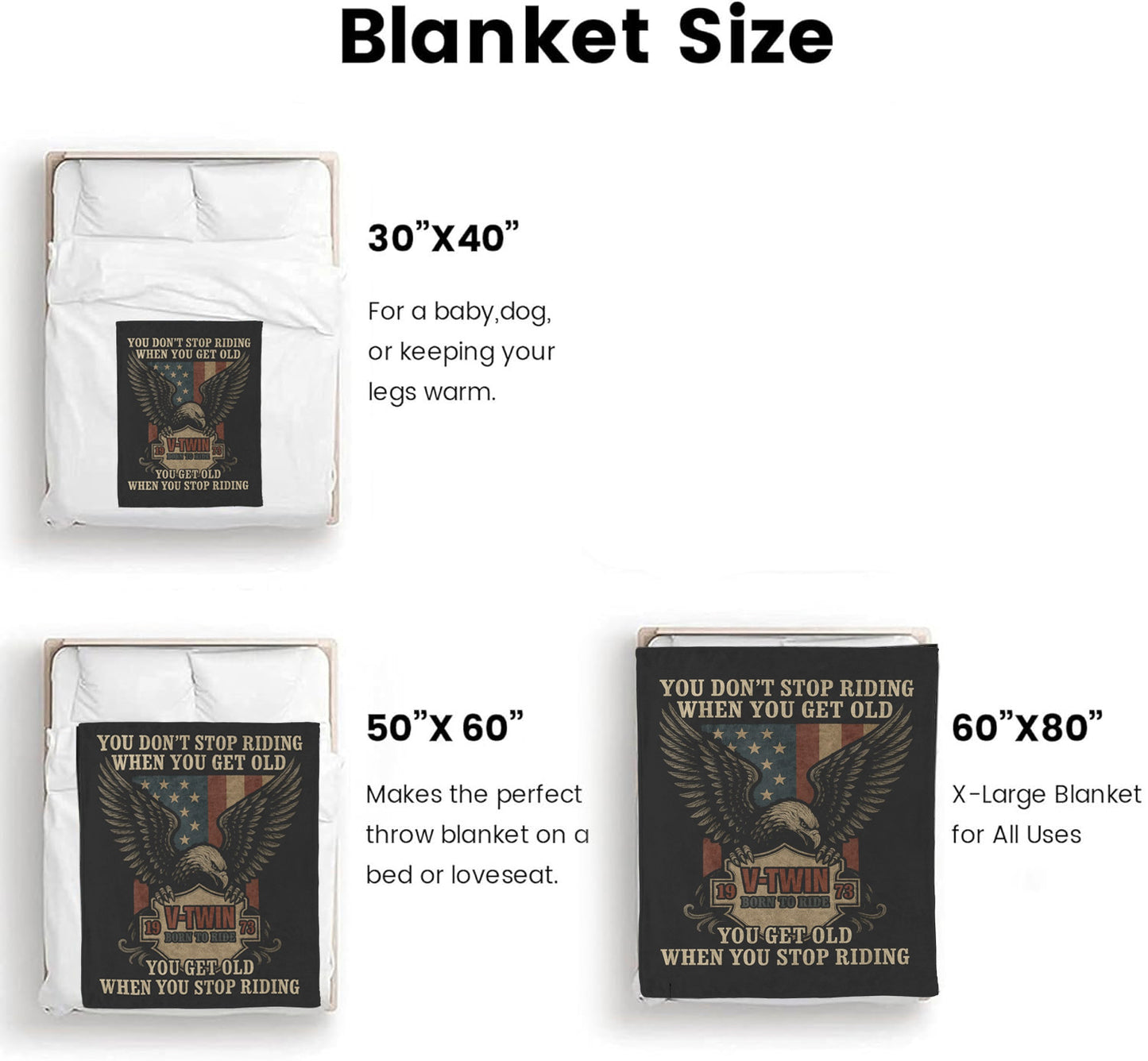 Biker Fleece Blanket – ‘You Don’t Stop Riding’ – Eagle & V-Twin Design