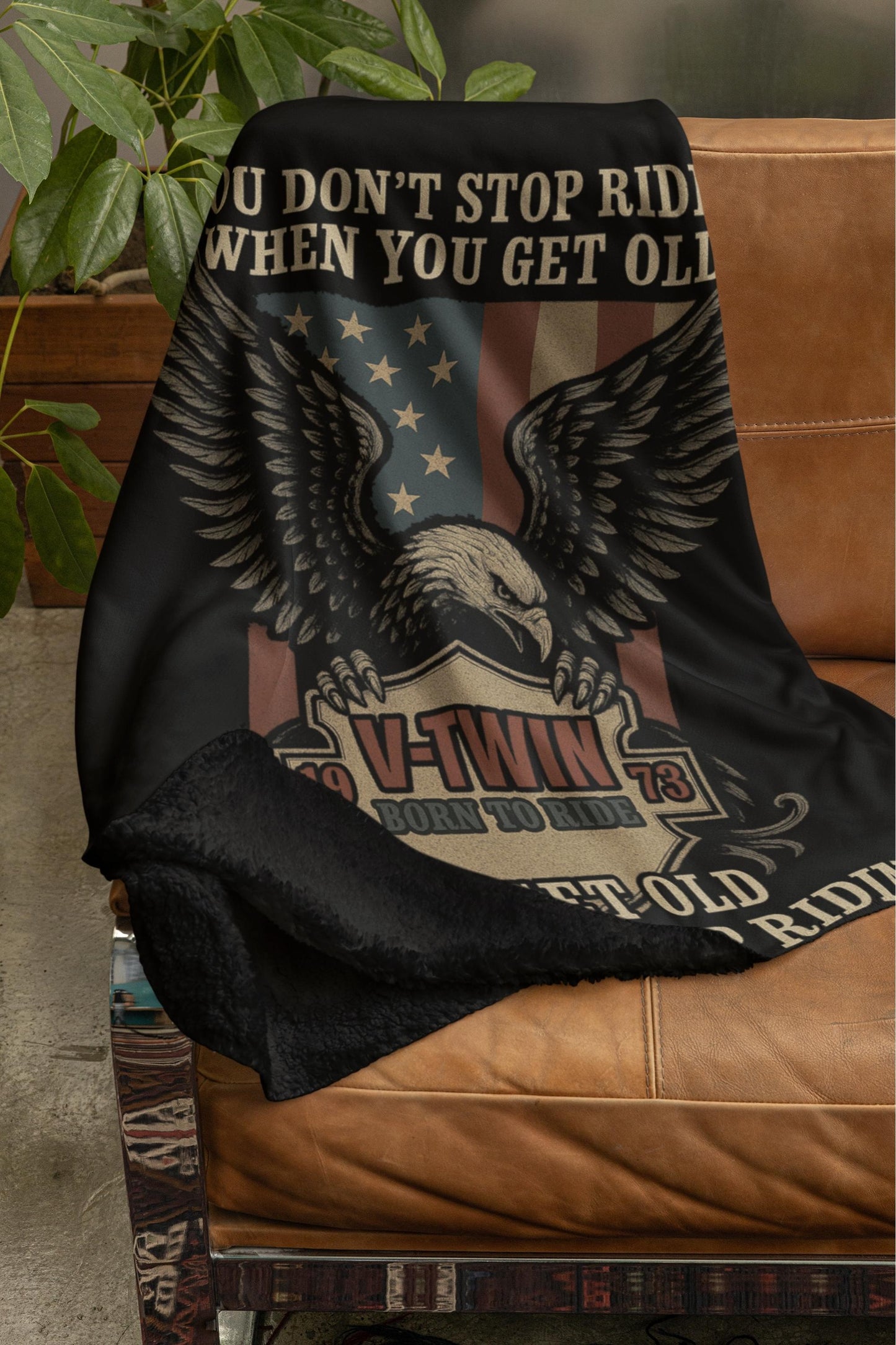 Biker Fleece Blanket – ‘You Don’t Stop Riding’ – Eagle & V-Twin Design