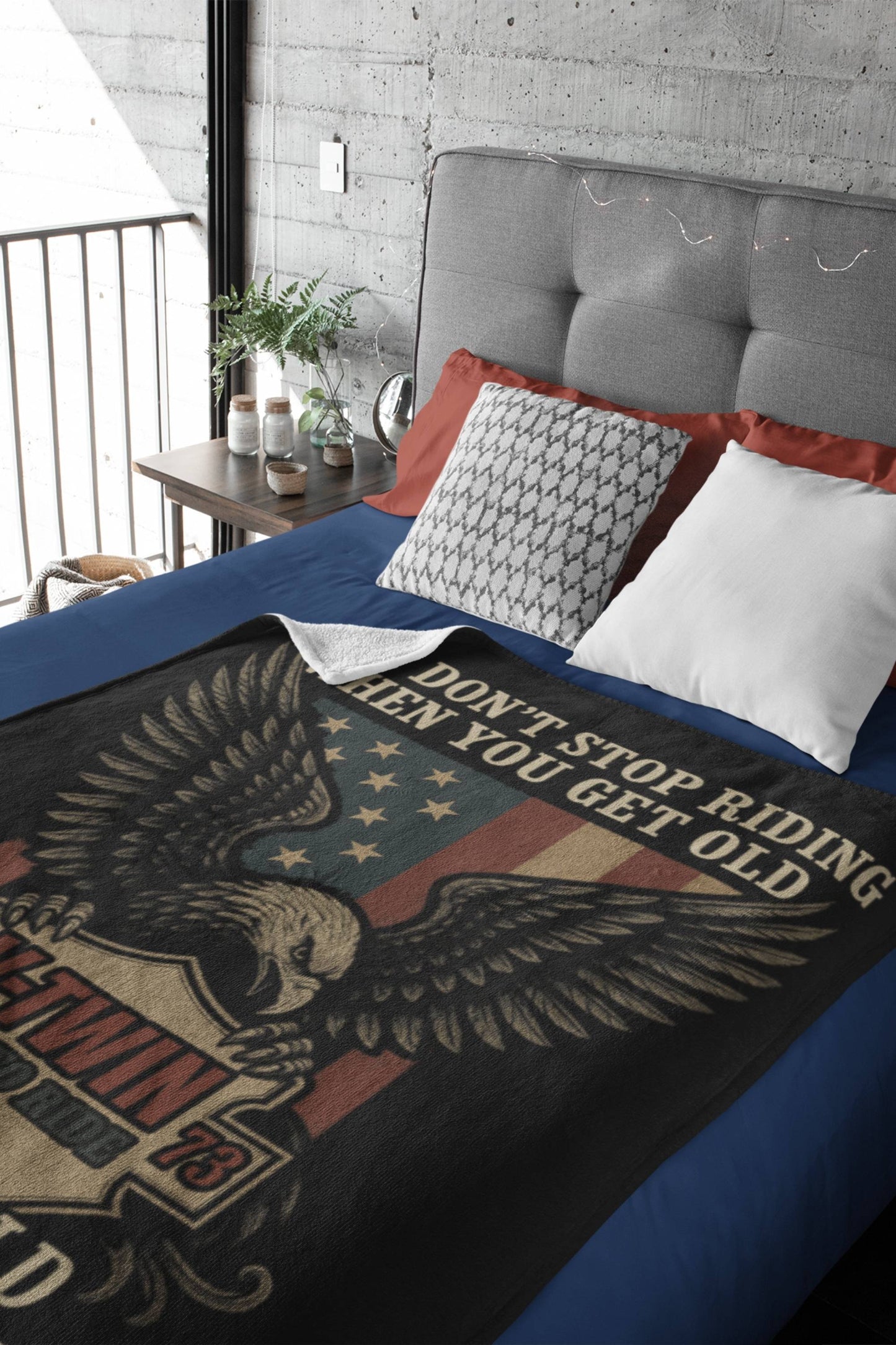 Biker Fleece Blanket – ‘You Don’t Stop Riding’ – Eagle & V-Twin Design