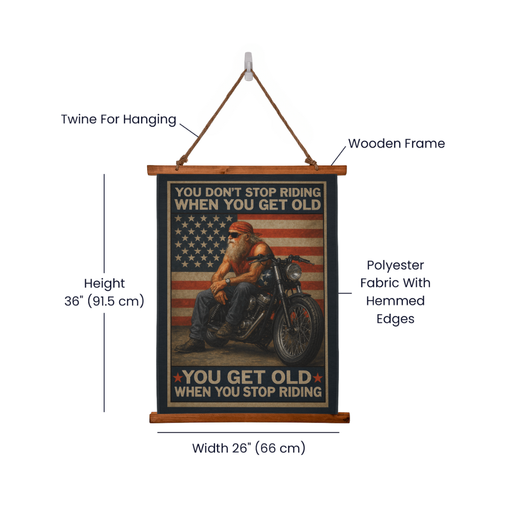 Large 36"x26" – 'You Don’t Stop Riding' – Patriotic Biker Tapestry – USA Flag Wall Decor