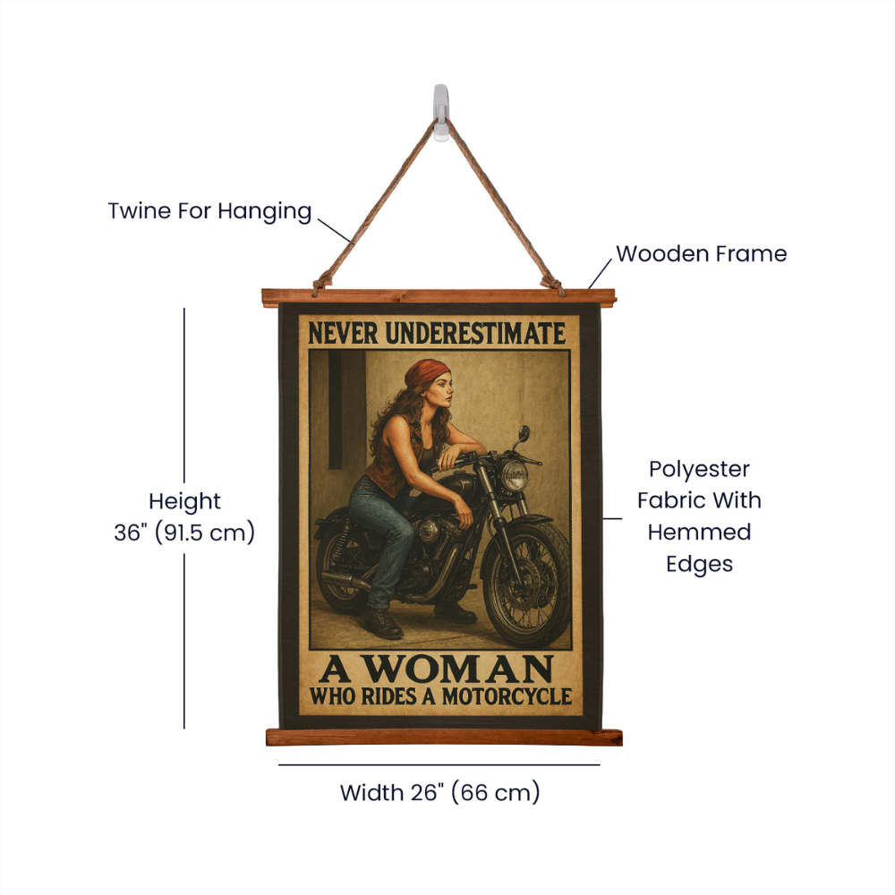 36"x26" – 'Woman Rider, No Limits' – Wood-Framed Tapestry – Biker Decor