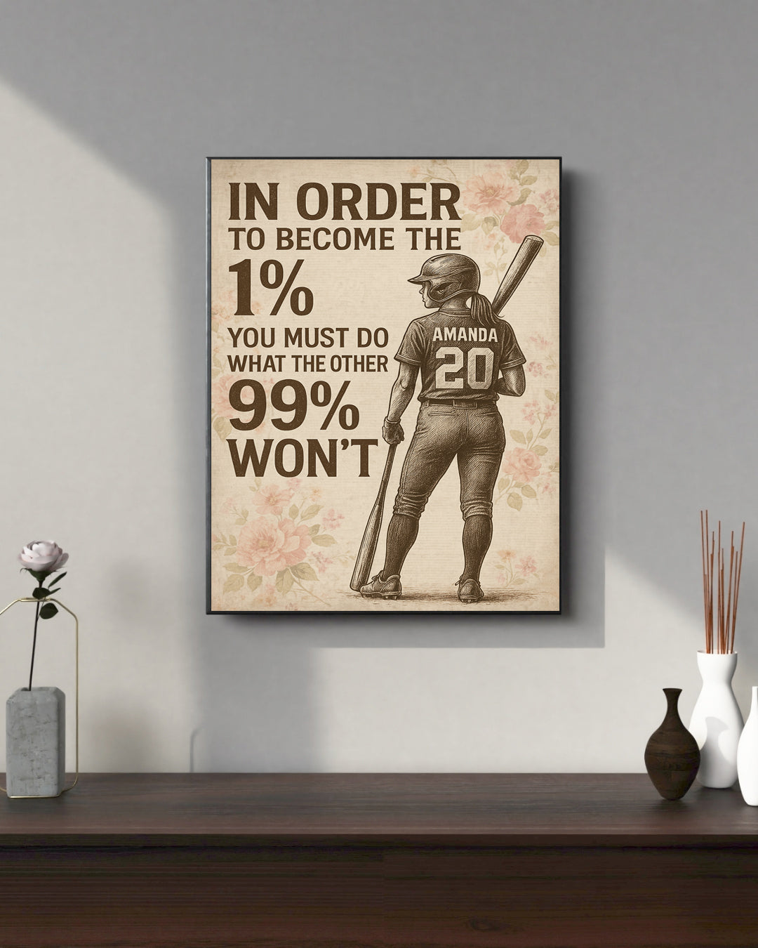 Personalized Softball Girl Canvas – “Become the 1%” Wall Art