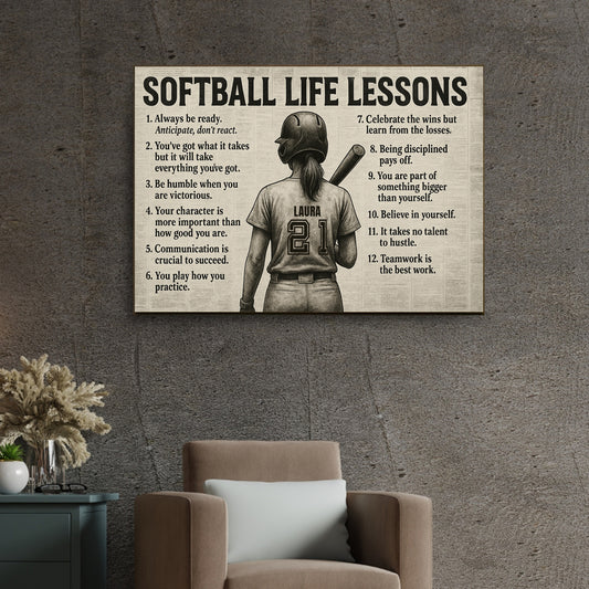 Personalized “Softball Life Lessons” Premium Canvas Wall Art