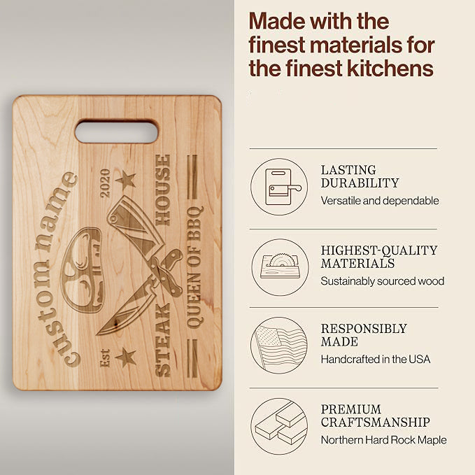 Queen of BBQ – Personalized Maple Cutting Board with Name & Date