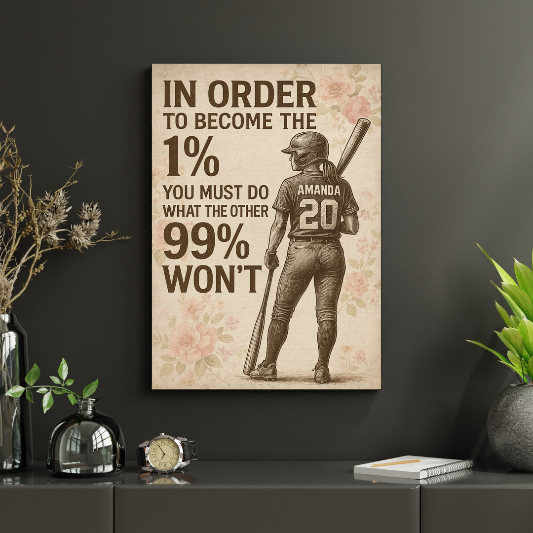 Personalized Softball Girl Canvas – “Become the 1%” Wall Art