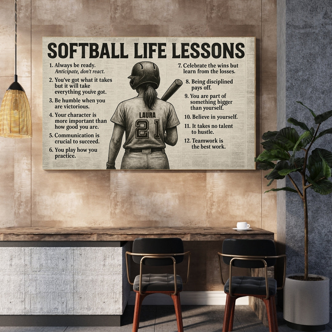Personalized “Softball Life Lessons” Premium Canvas Wall Art