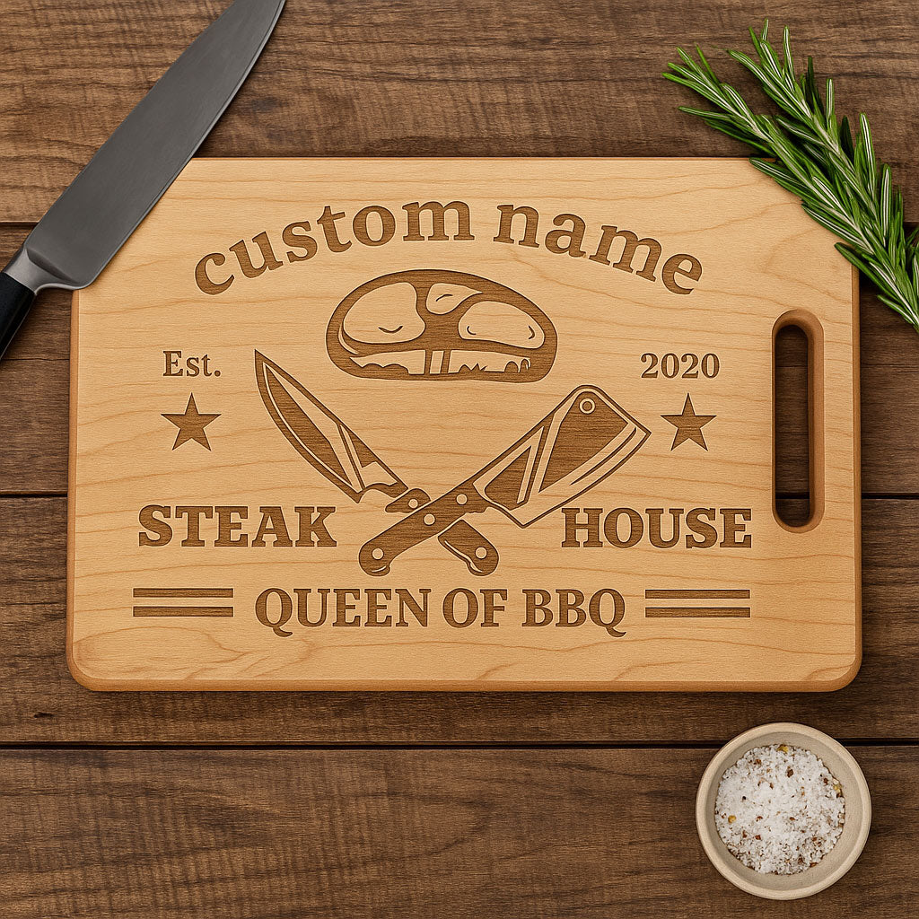 Queen of BBQ – Personalized Maple Cutting Board with Name & Date