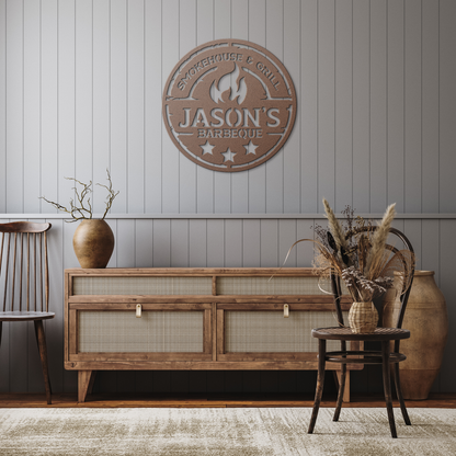 Custom_Name_BBQ_Metal_Sign__Your_Name_Copper_Rustic_Hallway_Mockup.png