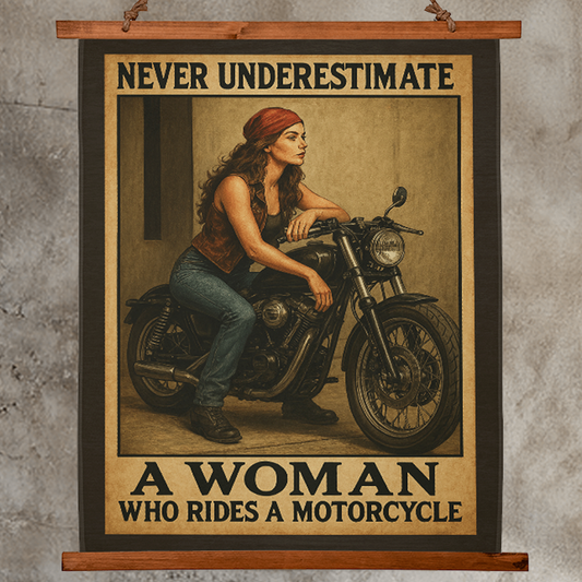 36"x26" – 'Woman Rider, No Limits' – Wood-Framed Tapestry – Biker Decor