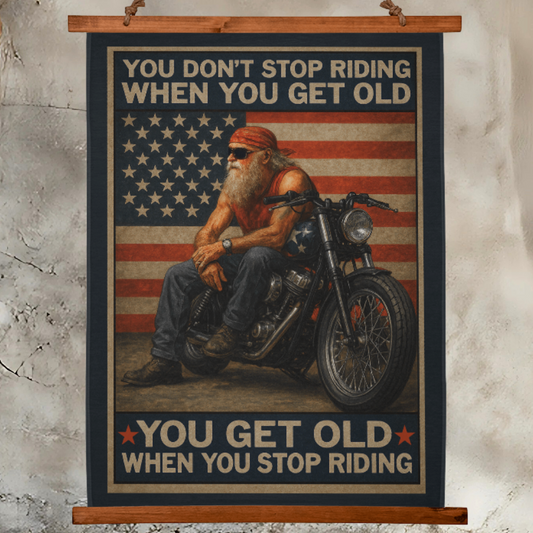 Large 36"x26" – 'You Don’t Stop Riding' – Patriotic Biker Tapestry – USA Flag Wall Decor