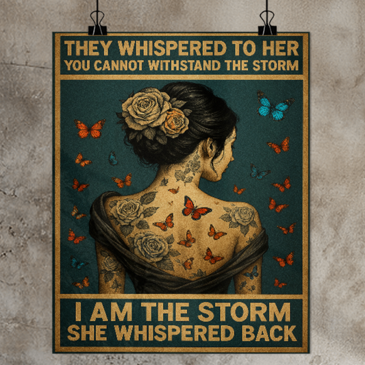36"x26" - "I Am the Storm" Boho Wall Tapestry – Inspirational Quote & Vintage Wood Frame